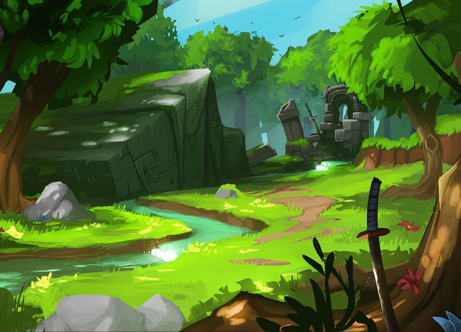 Forest with sword in foreground